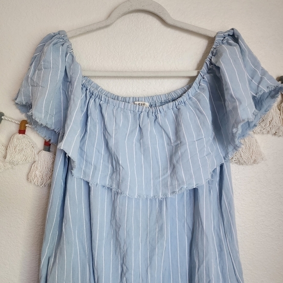 Umgee Power Blue Pinstripe Frayed Ruffle Dress Mino Boho Chic Nautical M - Picture 8 of 11